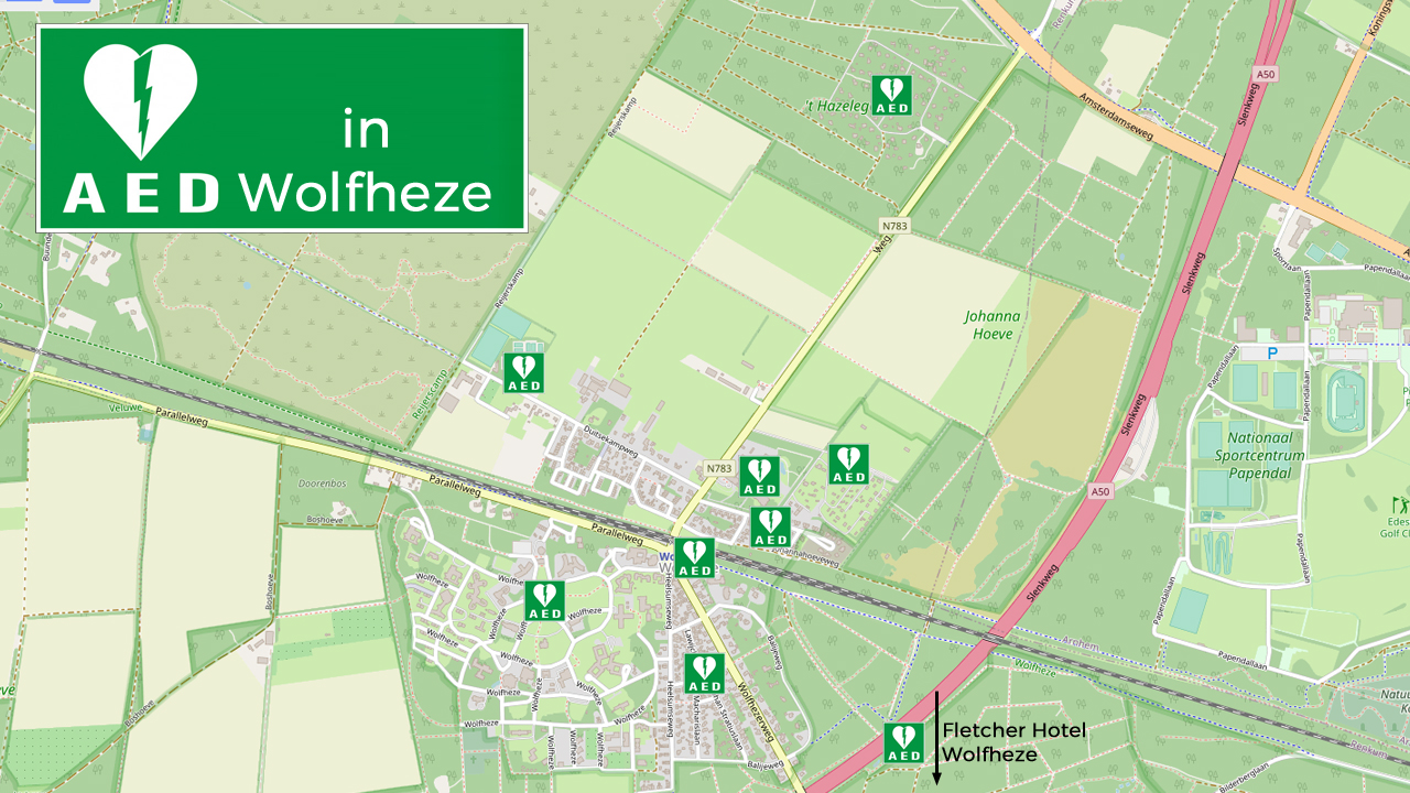 Een overzicht waar in Wolfheze de AED's hangen
