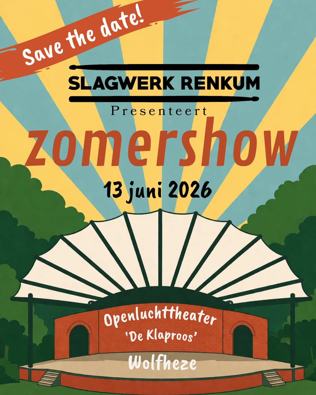 Poster slagwerk Renkum Zomershow 13 juni 2026
